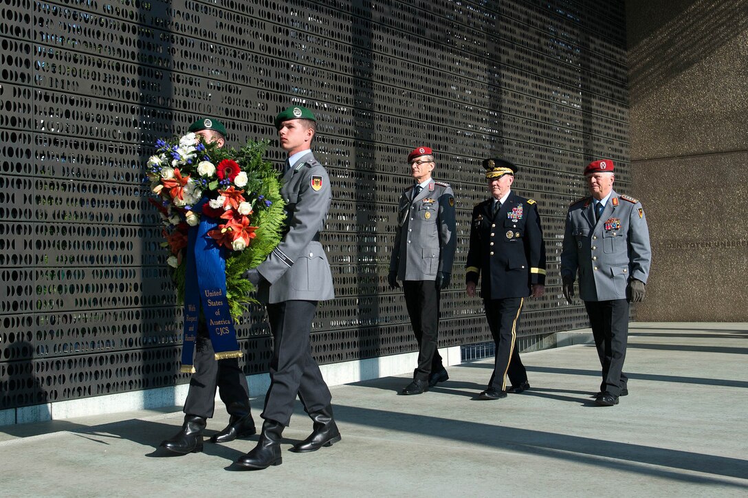 U.S. Army Gen. Martin E. Dempsey, chairman of the Joint Chiefs of Staff, prepares to present a wreath at the German memorial for their fallen service members at the Defense Ministry in Berlin, Sept. 10, 2015. DoD photo by D. Myles Cullen
