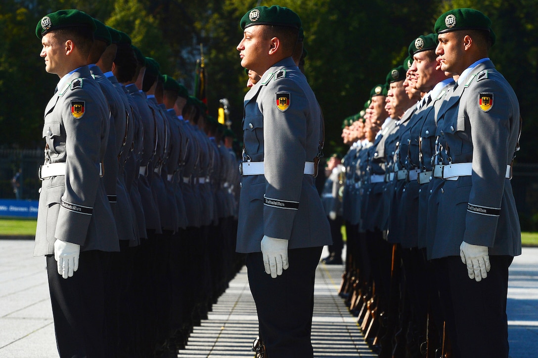 German honor guard members stand in formation at the Defense Ministry in Berlin, Sept. 10, 2015. DoD photo by D. Myles Cullen