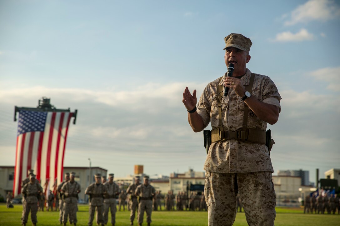 Lt. Gen. John Wissler addresses Marines during the III Marine Expeditionary Force change of command ceremony at Camp Foster, Okinawa, Japan, Sept. 11, 2015. Wissler, who has been the III MEF commanding general for the past two years, relinquished his command to Lt. Gen. Larry Nicholson. Wissler is a native of Camp Pendleton, Calif. Nicholson is from Toronto.