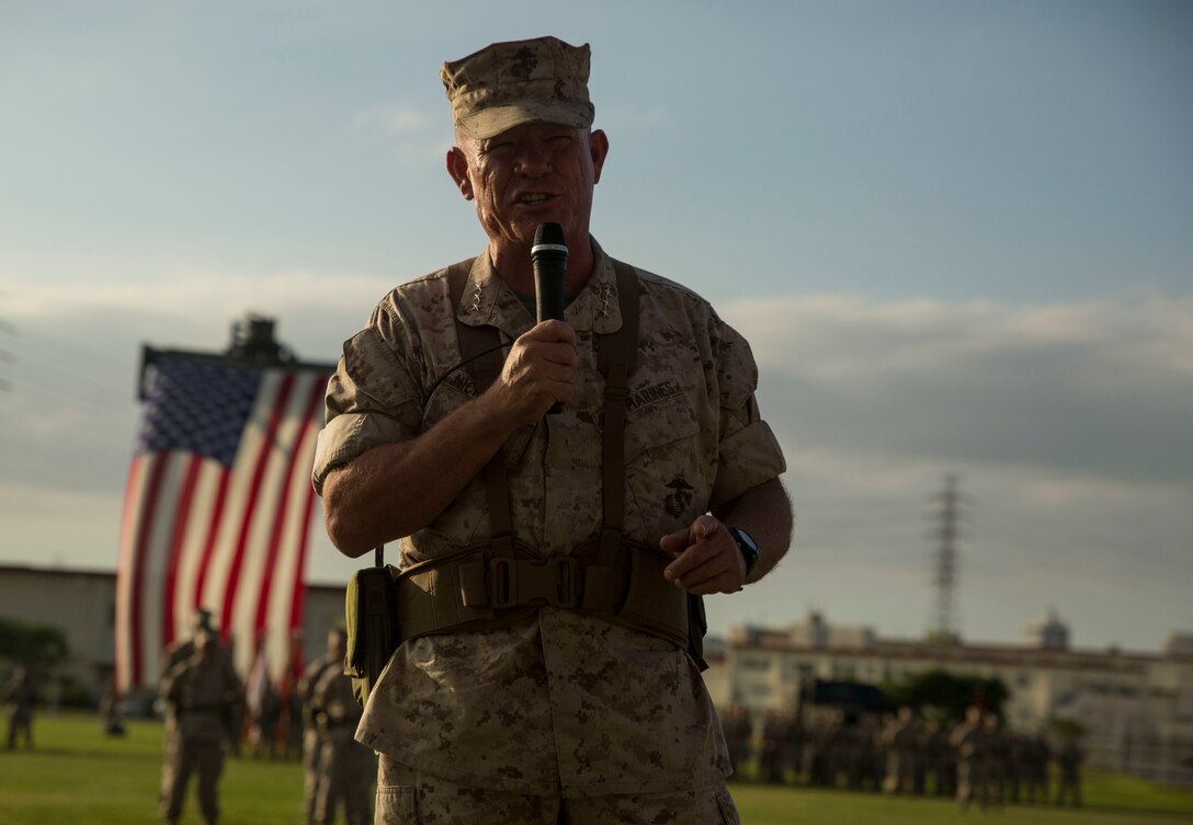 Lt. Gen. Larry Nicholson addresses Marines during the III Marine Expeditionary Force change of command ceremony at Camp Foster, Okinawa, Japan, Sept. 11, 2015. Wissler relinquished command to Nicholson, who was the 1st Marine Division commanding general prior to assuming command of III MEF.  Nicholson is a native of Toronto.