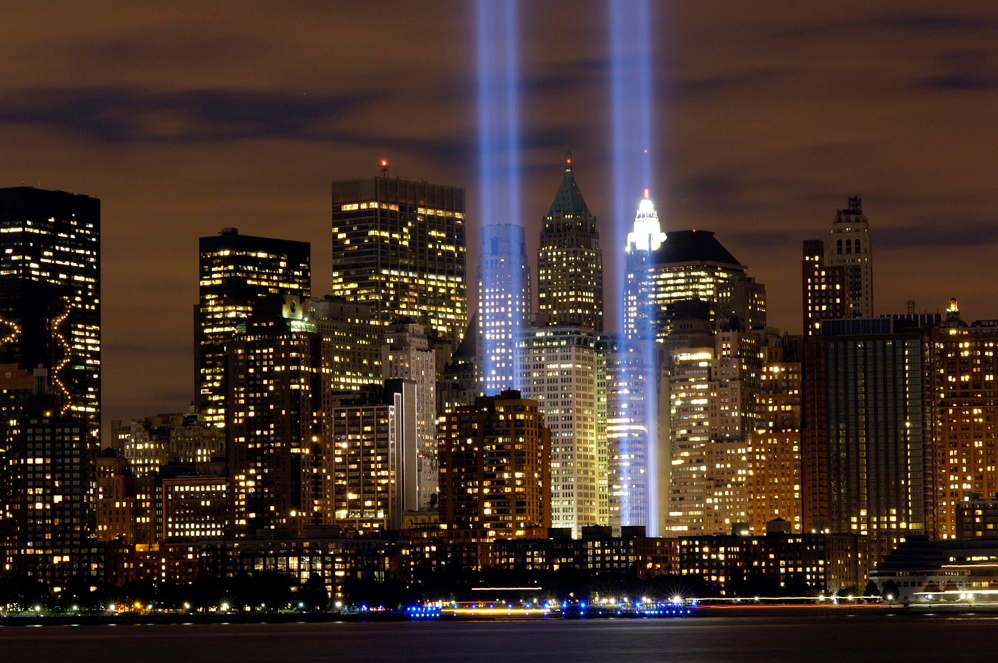 The "Tribute in Light" memorial is in remembrance of the events of Sept. 11, 2001, in honor of the citizens who lost their lives in the World Trade Center attacks. The memorial was first held in March 2002. This photo was taken from Liberty State Park, N.J., on Sept. 11, 2006, the five year anniversary of 9/11. (U.S. Air Force photo/Denise Gould)