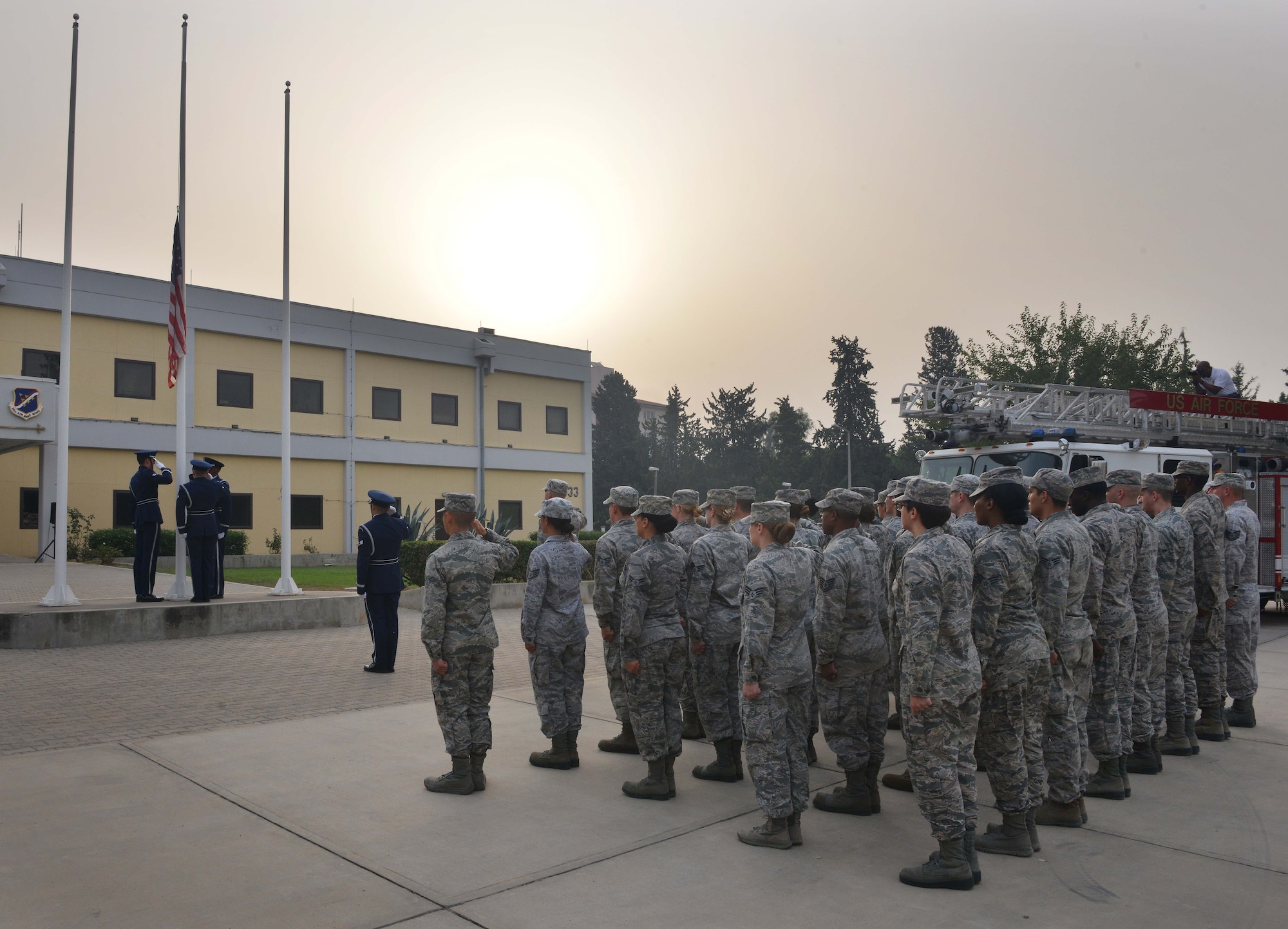 Airmen from the 39th Air Base Wing participate in a 9/11 Remembrance Ceremony Sept. 11, 2015, at Incirlik Air Base, Turkey. Service members from the Turkish air force, Spanish Patriot Unit and the 39th ABW attended the event to honor and remember the victims of the attacks that occurred on Sept. 11, 2001. (U.S. Air Force photo/Senior Airman Michael Battles)