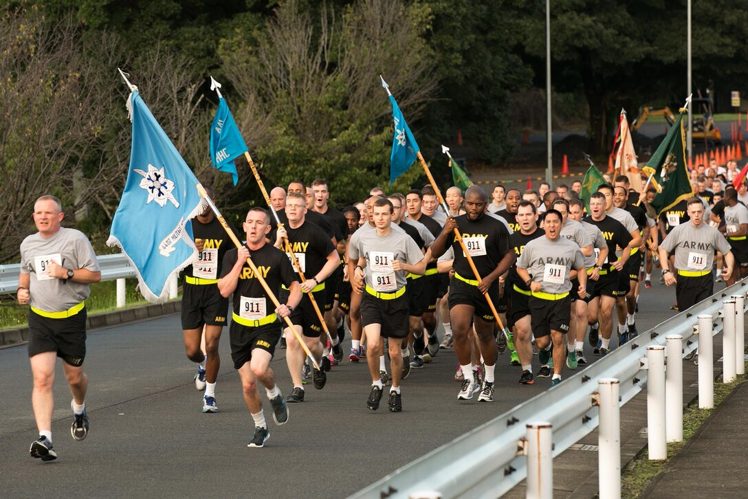 U.S. soldiers participate in the September 11th Memorial Run on Camp Zama, Japan, Sept. 11, 2015. U.S. Army photo by Randall Baucom
