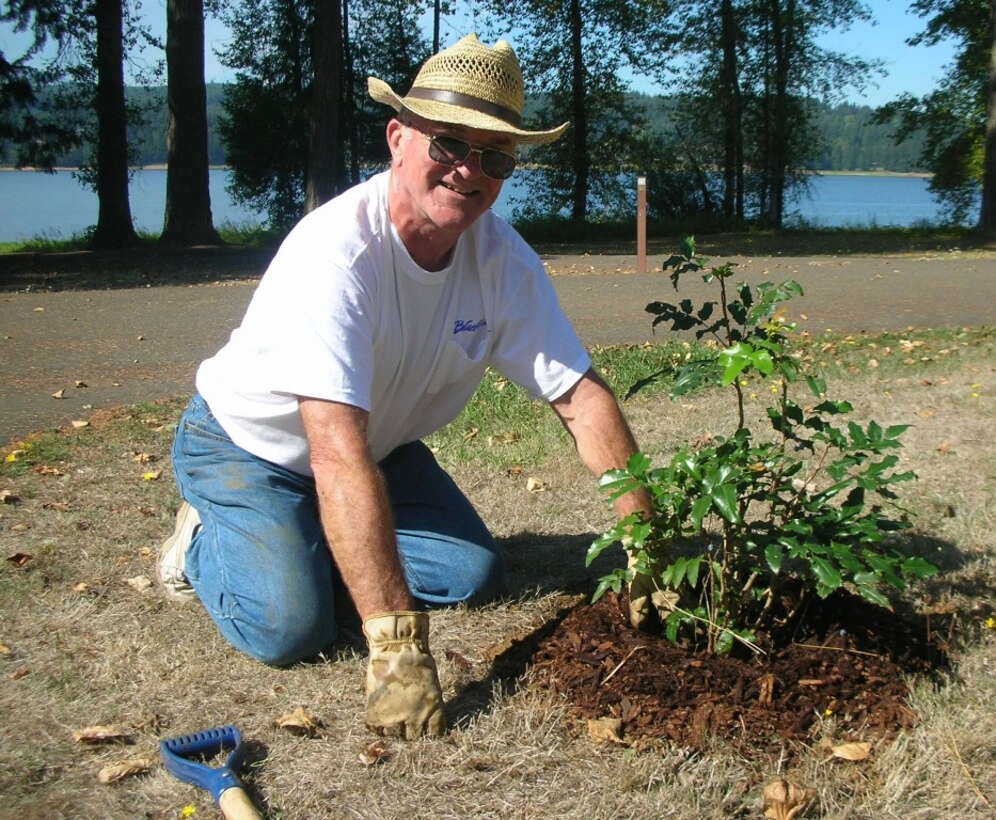 Corps volunteer Dave Beach plants native Oregon grape at Cottage Grove Lake in Willamette Valley. Volunteers are critical to Corps recreation programs, where they greet guests, help control invasive plants and help out in many ways.
