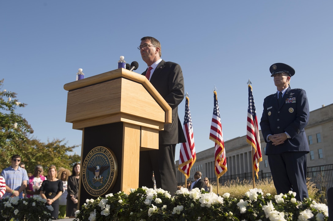 Defense Secretary Ash Carter delivers remarks during a remembrance ceremony at the Pentagon Memorial, Sept. 11, 2015, honoring those killed in the 9/11 terrorist attack. DoD photo by Air Force Senior Master Sgt. Adrian Cadiz