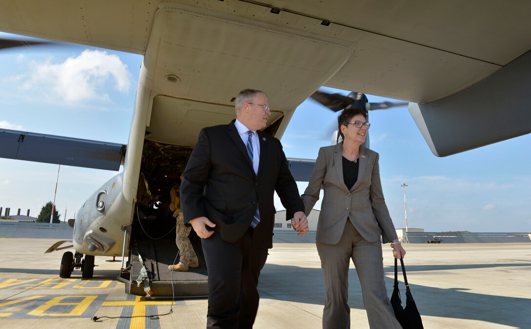 U.S. Deputy Defense Secretary Bob Work and his wife, Cassandra, arrive to visit U.S. Air Force personnel on Royal Air Force Lakenheath, England, Sept. 11, 2015. Work delivered remarks during a 9/11 remembrance ceremony on the U.S. Air Force-operated base. DoD photo by Glenn Fawcett