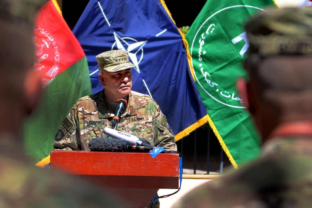 U.S. Army Gen. John. F. Campbell, commander of the Resolute Support Mission and U.S. Forces in Afghanistan, addressed troops on the anniversary of the 9/11 attacks in Kabul, Afghanistan, Sept. 11, 2015. U.S. Air Force photo by Tech. Sgt. Robert Sizelove