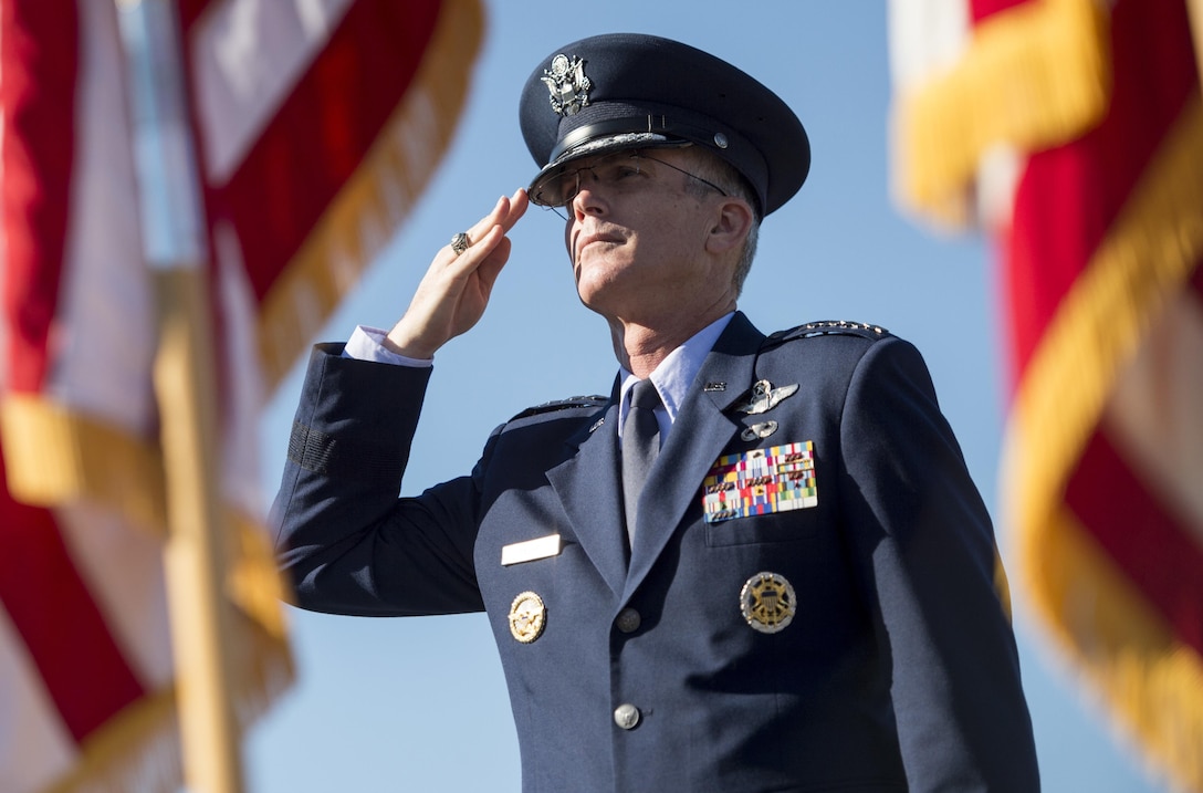 Air Force Gen. Paul J. Selva, vice chairman of the Joint Chiefs of Staff, salutes during a remembrance ceremony at the Pentagon Memorial honoring those who lost their lives in the 9/11 attack on the Pentagon, Sept. 11, 2015. DoD photo by Petty Officer 2nd Class Dominique A. Pineiro