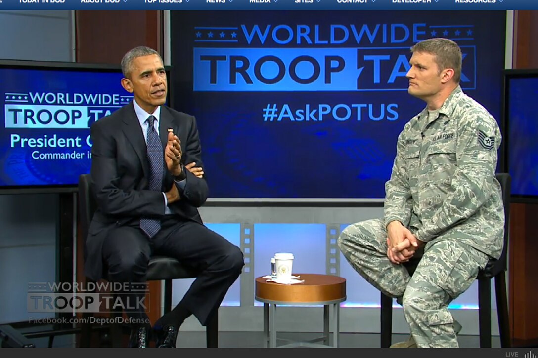 President Barack Obama holds a worldwide troop talk from Fort Meade, Md., Sept. 11, 2015. The commander in chief spoke to military audiences and addressed some of their most pressing concerns.