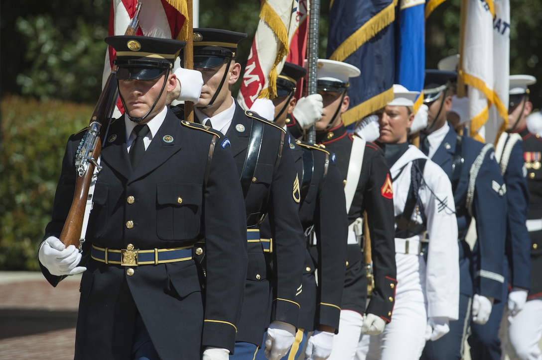 An honor guard participates in the 9/11 remembrance ceremony that Defense Secretary Ash Carter and Air Force Gen. Paul J. Selva, vice chairman of the Joint Chiefs of Staff, hosted at the Pentagon, Sept. 11, 2015. DoD photo by Senior Master Sgt. Adrian Cadiz