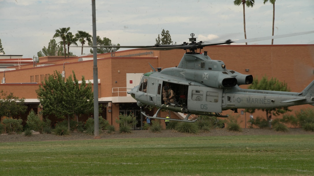 A UH-1Y Huey lands at Arizona State University Tempe Campus, Sept. 10, 2015, as part of Marine Week Phoenix. Marine Week Phoenix allows the Marine Corps to showcase its capabilities to the people of Phoenix who may not know about the Marine Corps.