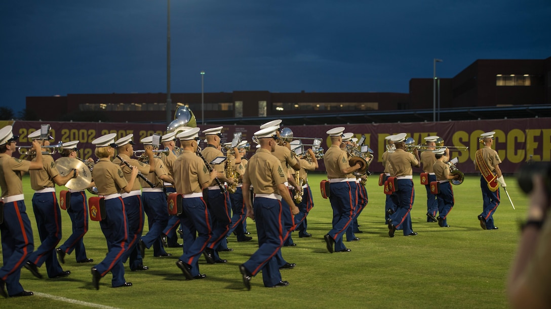 The Marine Band San Diego preforms a symphony of songs opening the Arizona State University Football Club and All-Marine Team soccer match, Sept. 10, 2015, at Sun Devil Soccer Stadium as part of Marine Week Phoenix. Marine Week Phoenix allows the Marine Corps to showcase it’s tradition, history, and values.