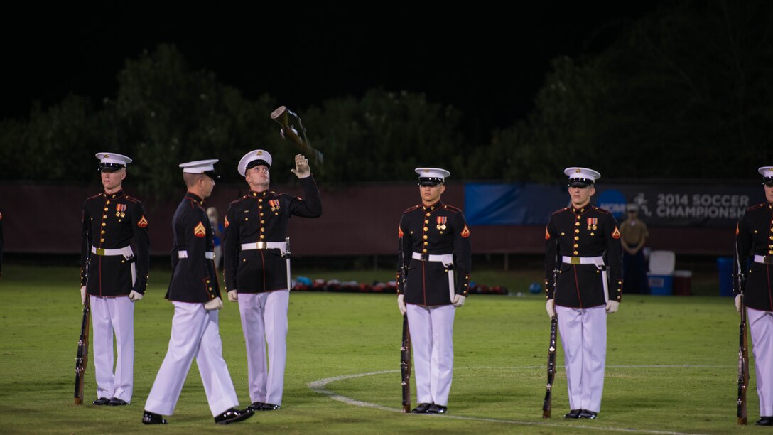 The United States Marine Corps Silent Drill Platoon preforms a series of rifle maneuvers during half time at Sun Devil Soccer Stadium, Sept. 10, 2015, as part or Marine Week Phoenix. Marine Week Phoenix allows the Marine Corps to showcase it’s tradition, history, and values.
