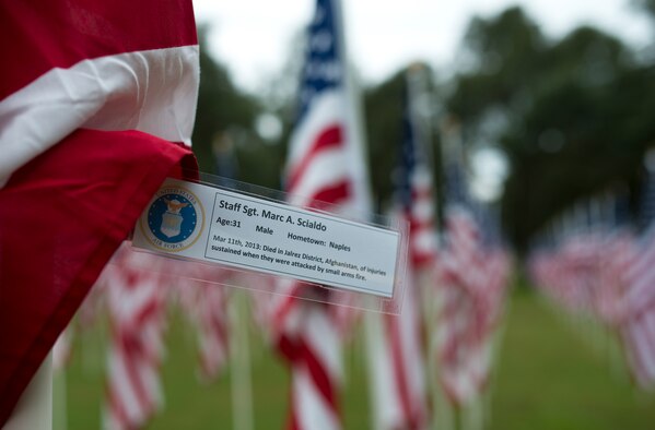 Staff Sgt. Marc Scialdo’s name was attached to one of the flags set up on the Field of Valor display in Niceville, Fla. Sept. 11.  The display features 13 rows of 27 flags and one extra to create the field.  Names of recently fallen military members, including 10 Airmen, adorn each of the approximately 352 American flags.  The Field will be on display through Sept. 19 at the Mullet Festival grounds and is free to the public.  (U.S. Air Force photo/Tech. Sgt. Sam King)