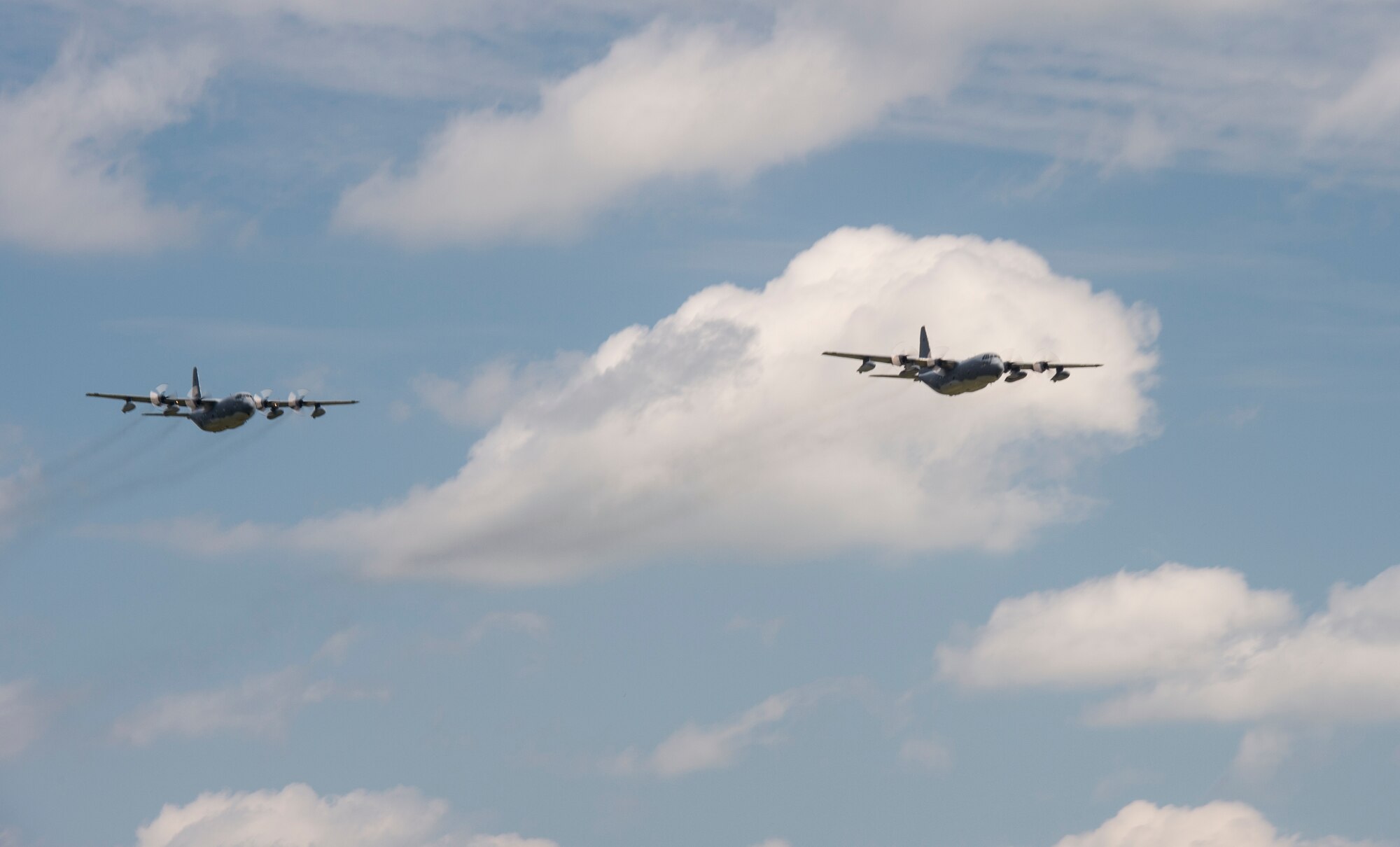 The last two HC-130P Combat Kings fly their final flight on U.S. Air Force active duty Sept. 11, 2015, at Moody Air Force Base, Ga. Together, the two Combat Kings have flown more than 36,000 flight hours. (U.S. Air Force photo by Staff Sgt. Eric Summers Jr./Released) 