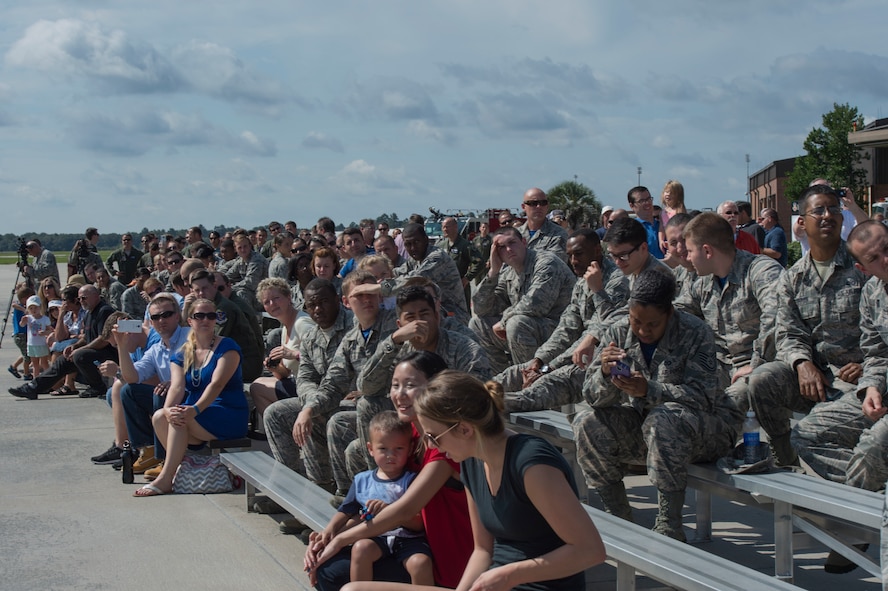 A crowd of former and current HC-130P Combat King pilots, maintainers and their families watch as the Combat King performs its final flight before retiring from active duty Sept. 11, 2015, at Moody Air Force Base, Ga. The Combat King first was first used by the U.S. Air Force in 1964. (U.S. Air Force photo by Staff Sgt. Eric Summers Jr./Released)
