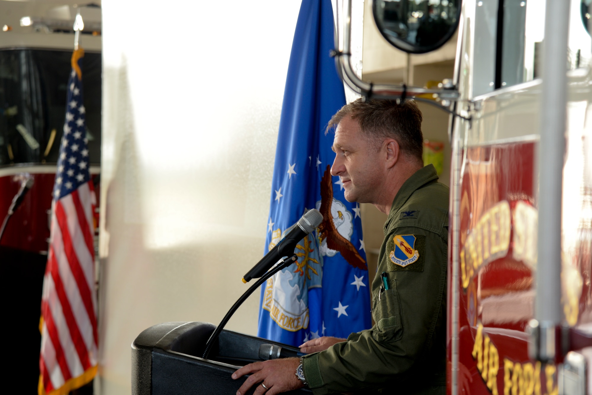 Col. Mark Slocum, 4th Fighter Wing commander, reflects on his memories of 9/11 during a remembrance ceremony, Sept. 11, 2015, at Seymour Johnson Air Force Base, North Carolina. Slocum spoke of being an F-15E Strike Eagle aviator called into Afghanistan a month after the 9/11 attacks and why he never forgets that day. (U.S. Air Force photo/Staff Sgt. Chuck Broadway)