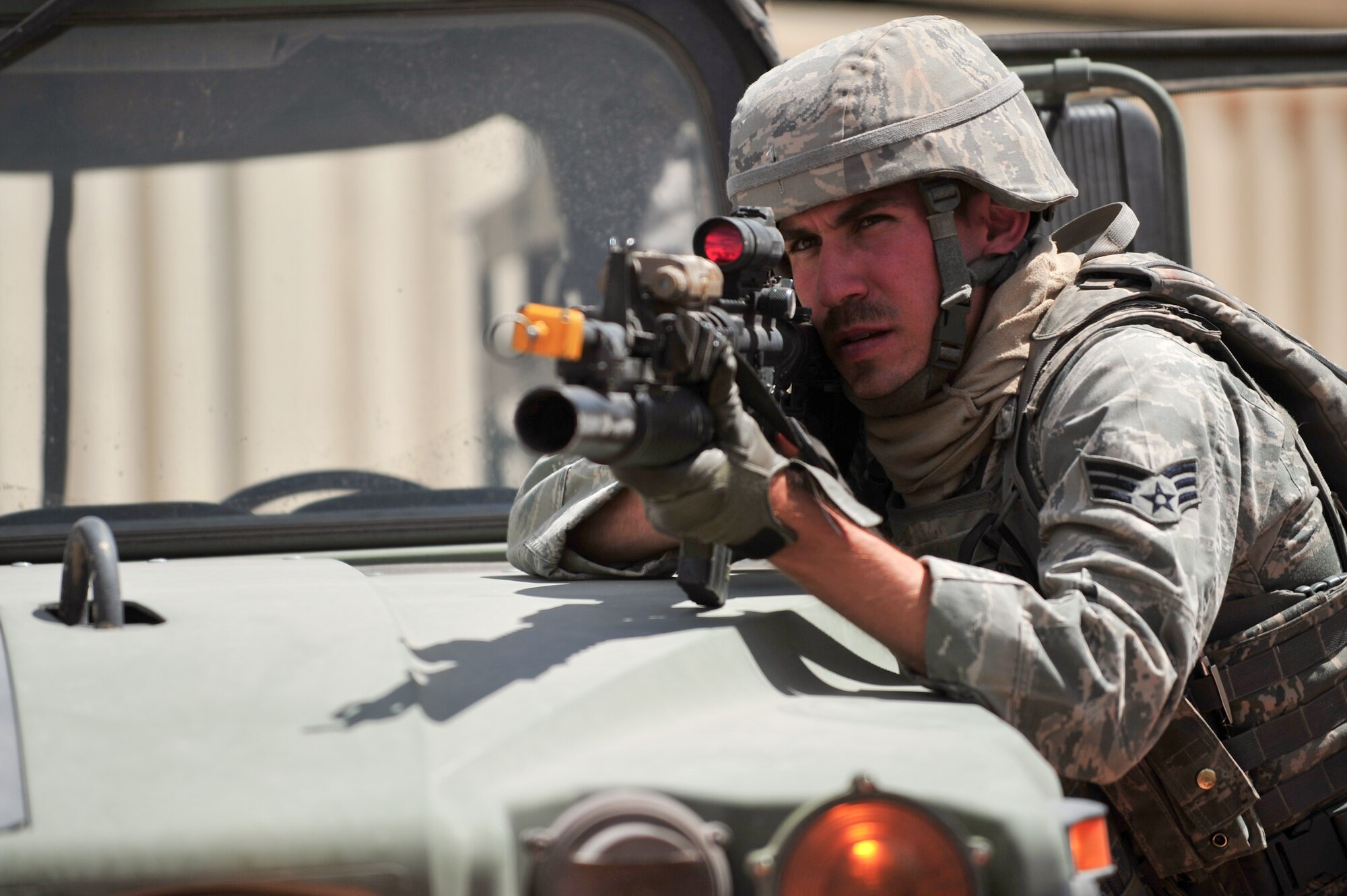 Air Force Reserve Senior Airman Luis Quijada prepares for an approaching enemy Aug. 11, 2015, at Camp Guernsey, Wyo. The 310th, 710th and 919th Security Forces Squadrons held a two-week field training exercise while living in field conditions.
(U.S. Air Force photos/Tech. Sgt. Nicholas B. Ontiveros)