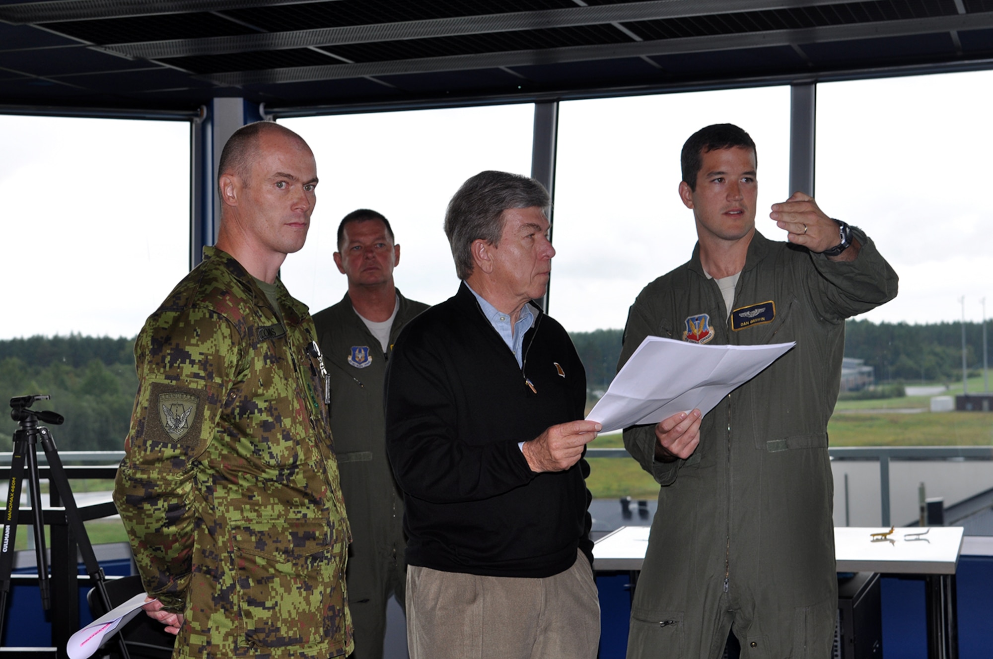 United States Senator Roy Blunt from Missouri, center, tours the control tower at Amari Air Base in Estonia Sept. 7. He is briefed by Lt. Col. Ular Lohmus, Amari AB commander and Capt. Dan Griffin, Bilateral Affairs Officer for the Embassy in Tallinn, Estonia, about future construction projects. Blunts came to the base to visit with Air Force Reservists who are here supporting Operation Atlantic Resolve where the U.S. is demonstrating its continued commitment to collective security through a series of action designed to reassure NATO allies and partners of America's dedication to ensuring peace and stability in the region. (U.S Air Force photo by Capt. Denise Haeussler)