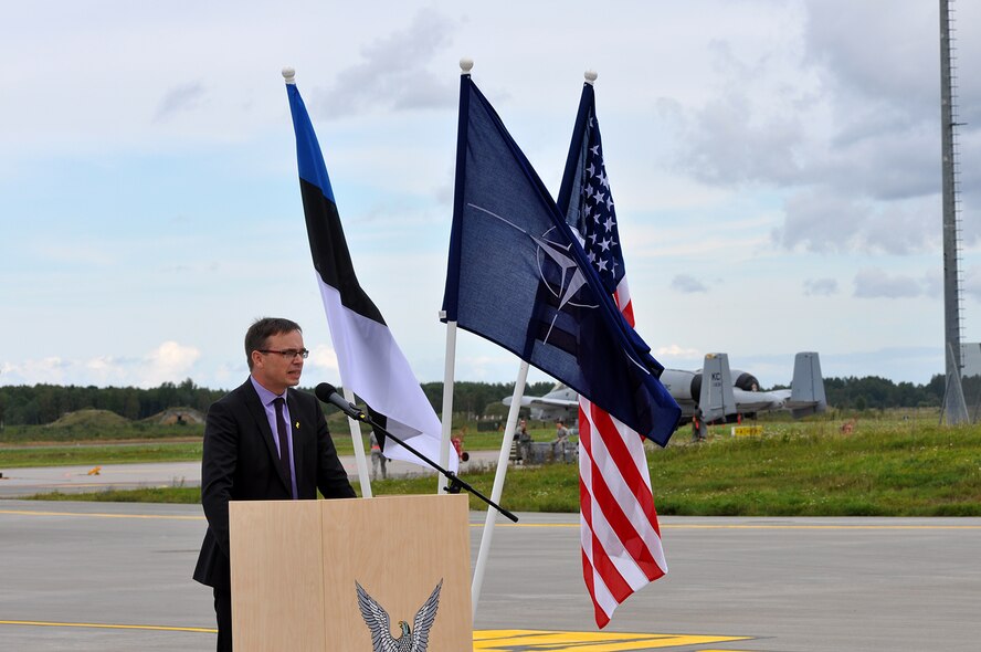 Defense Prime Minister of Estonia Sven Mikser speaks to the media at Amari Air Base in Estonia Sept. 4. The Estonian military held media day event as part of Operation Atlantic Resolve where the U.S military is partnering with European NATO allies to show dedication to peace in the region. (U.S. Air Force photo by Capt. Denise Haeussler)