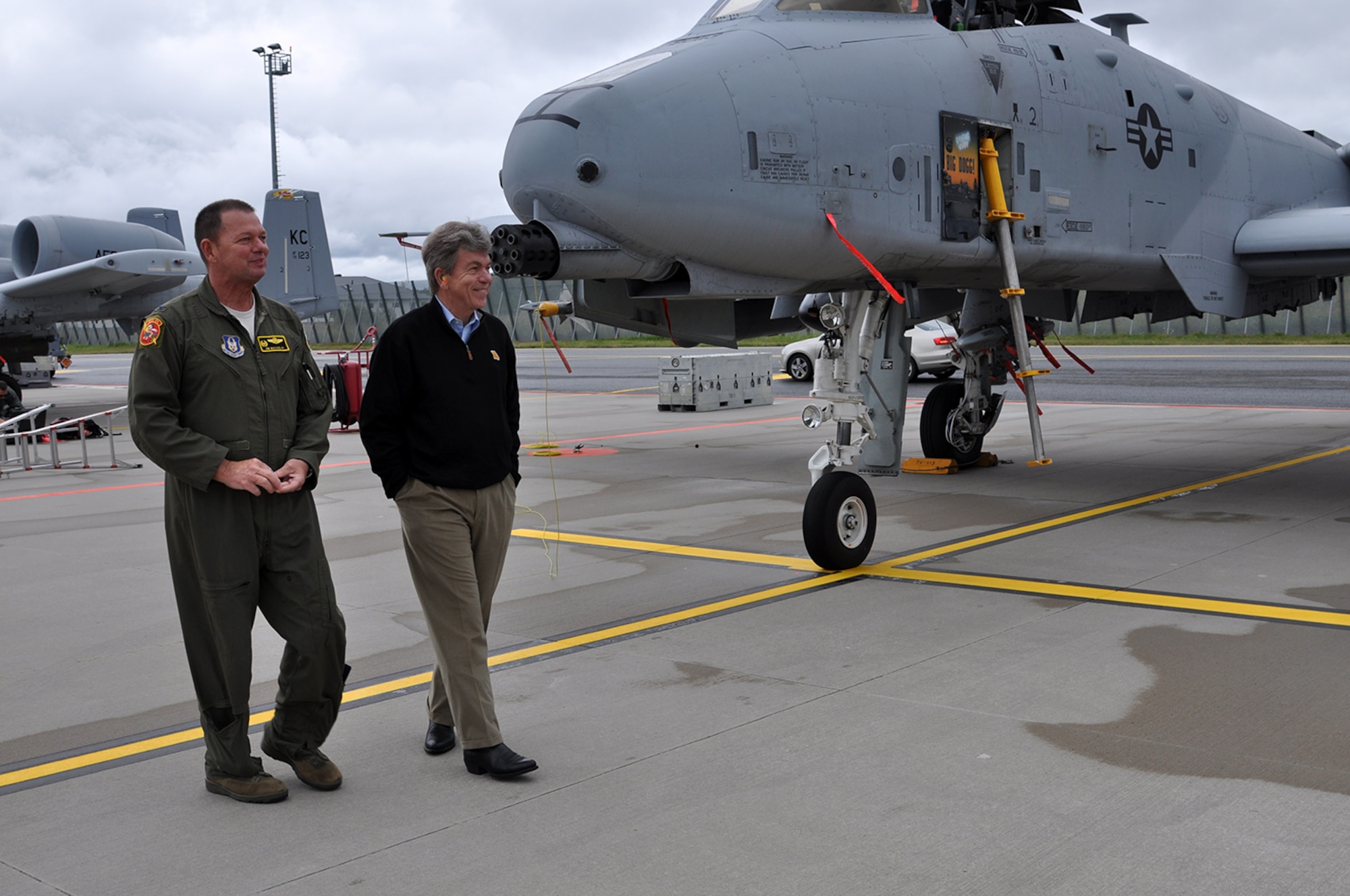 United States Senator Roy Blunt from Missouri walks the flight line with Col. James Macaulay, 442d Operations Group commander, during his visit to Amari Air Base in Estonia Sept. 7. Blunt visited the base where the Airmen of the 442d Fighter Wing from Whiteman Air Force Base, Mo., are supporting Operation Atlantic Resolve. (U.S Air Force photo by Capt. Denise Haeussler)