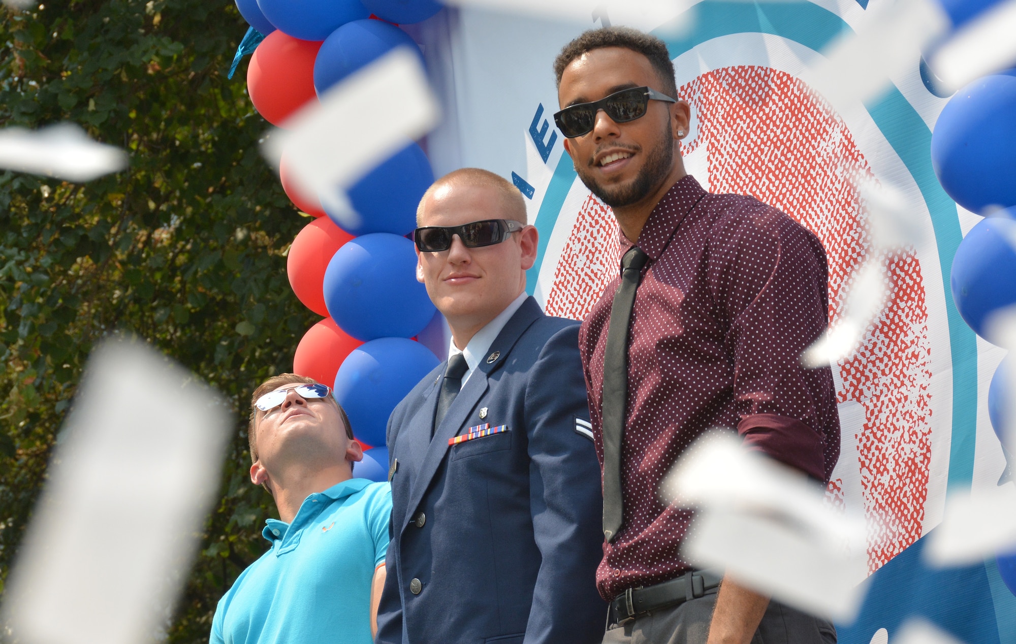 (From left to right) Alek Skarlatos, Airman 1st Class Spencer Stone and Anthony Sadler are greeted with a hero's welcome during the Sacramento Hometown Heroes Parade and festivities at the state capitol building in downtown Sacramento, California, Sept. 11, 2015.  The trio of friends are responsible for thwarting a terrorist attack aboard a train headed toward Paris Aug. 21. (U.S. Air Force photo/2nd Lt. Stephen Collier)