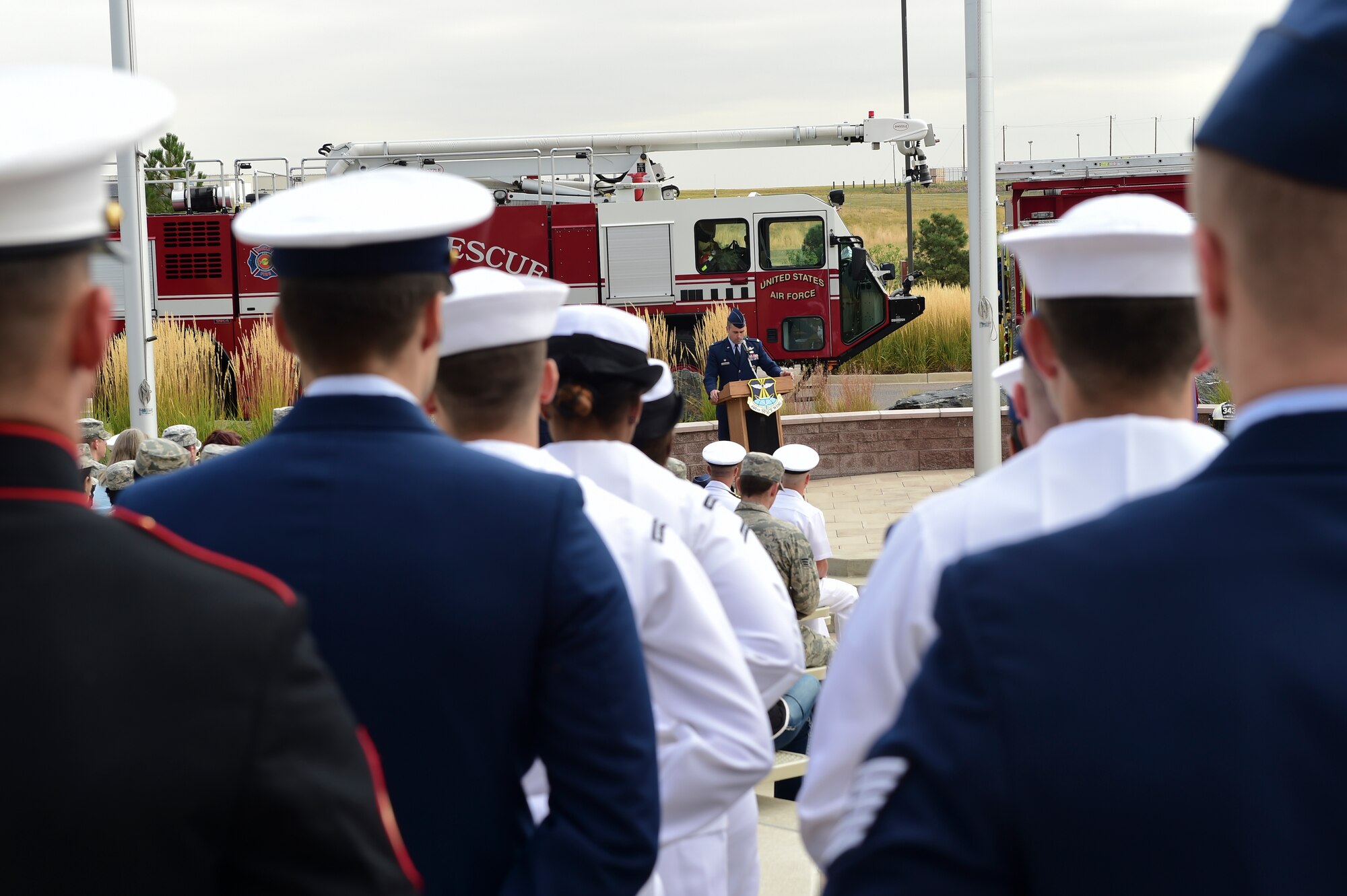 Col. John Wagner, 460th Space Wing commander, speaks during the Patriot Day Ceremony Sept. 11, 2015, at the Headquarters Building on Buckley Air Force Base, Colo. Patriot Day is the national day of service and remembrance, in memory of the thousands killed on U.S. soil in the 9/11 attacks. (U.S. Air Force photo by Senior Airman Phillip Houk/Released)