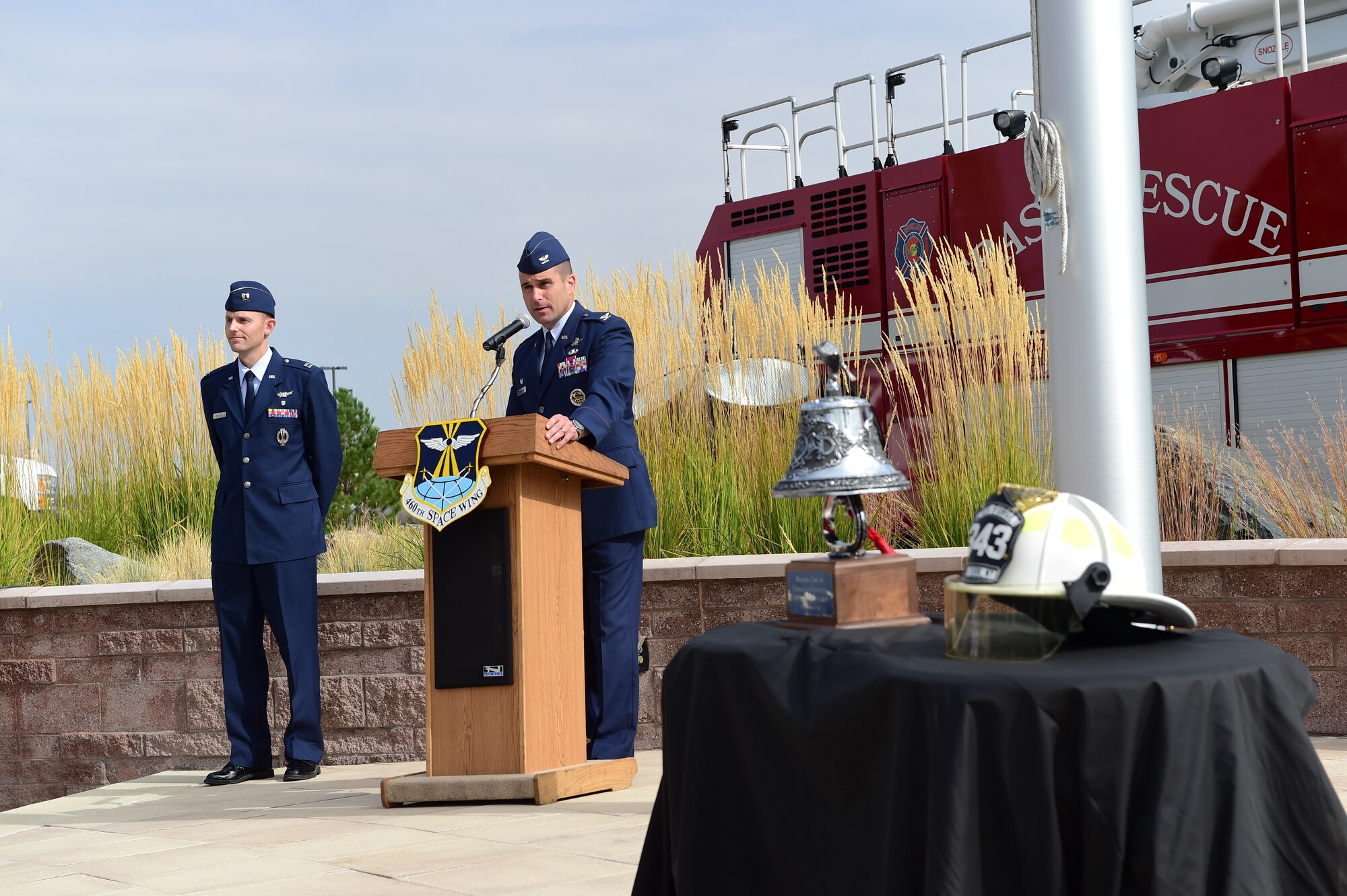 Col. John Wagner, 460th Space Wing commander, speaks during the Patriot Day Ceremony Sept. 11, 2015, at the Headquarters Building on Buckley Air Force Base, Colo. Patriot Day is the national day of service and remembrance, in memory of the thousands killed on U.S. soil in the 9/11 attacks. (U.S. Air Force photo by Senior Airman Phillip Houk/Released)