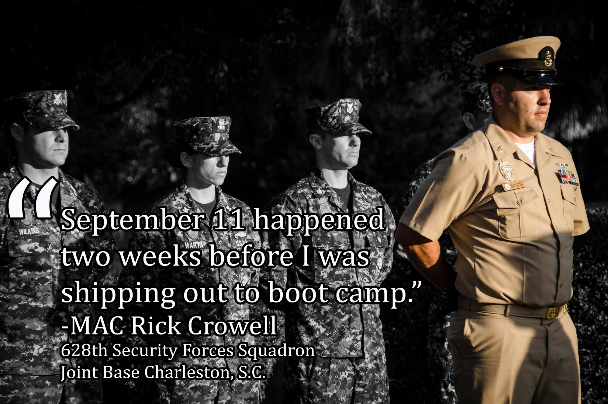 Sailors shared thoughts of where they were when the 9/11 terrorist attacks occurred, during a remembrance ceremony Sept. 11, 2015 at Joint Base Charleston – Weapons Station, S.C.  (U.S. Air Force graphic/Staff Sgt. AJ Hyatt)