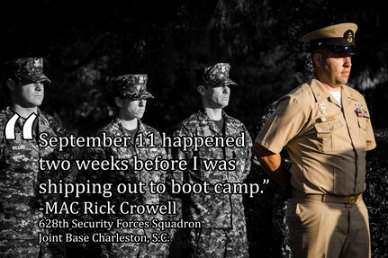 Sailors shared thoughts of where they were when the 9/11 terrorist attacks occurred, during a remembrance ceremony Sept. 11, 2015 at Joint Base Charleston – Weapons Station, S.C.  (U.S. Air Force graphic/Staff Sgt. AJ Hyatt)