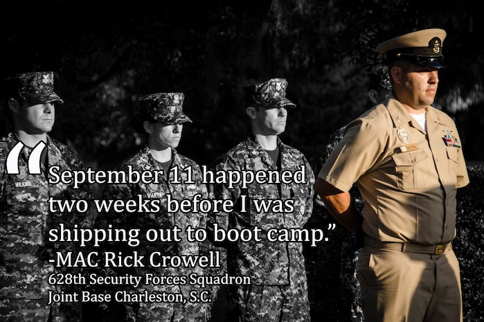 Sailors shared thoughts of where they were when the 9/11 terrorist attacks occurred, during a remembrance ceremony Sept. 11, 2015 at Joint Base Charleston – Weapons Station, S.C.  (U.S. Air Force graphic/Staff Sgt. AJ Hyatt)