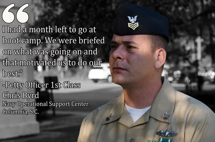 Sailors shared thoughts of where they were when the 9/11 terrorist attacks occurred, during a remembrance ceremony Sept. 11, 2015 at Joint Base Charleston – Weapons Station, S.C.  (U.S. Air Force graphic/Staff Sgt. AJ Hyatt)