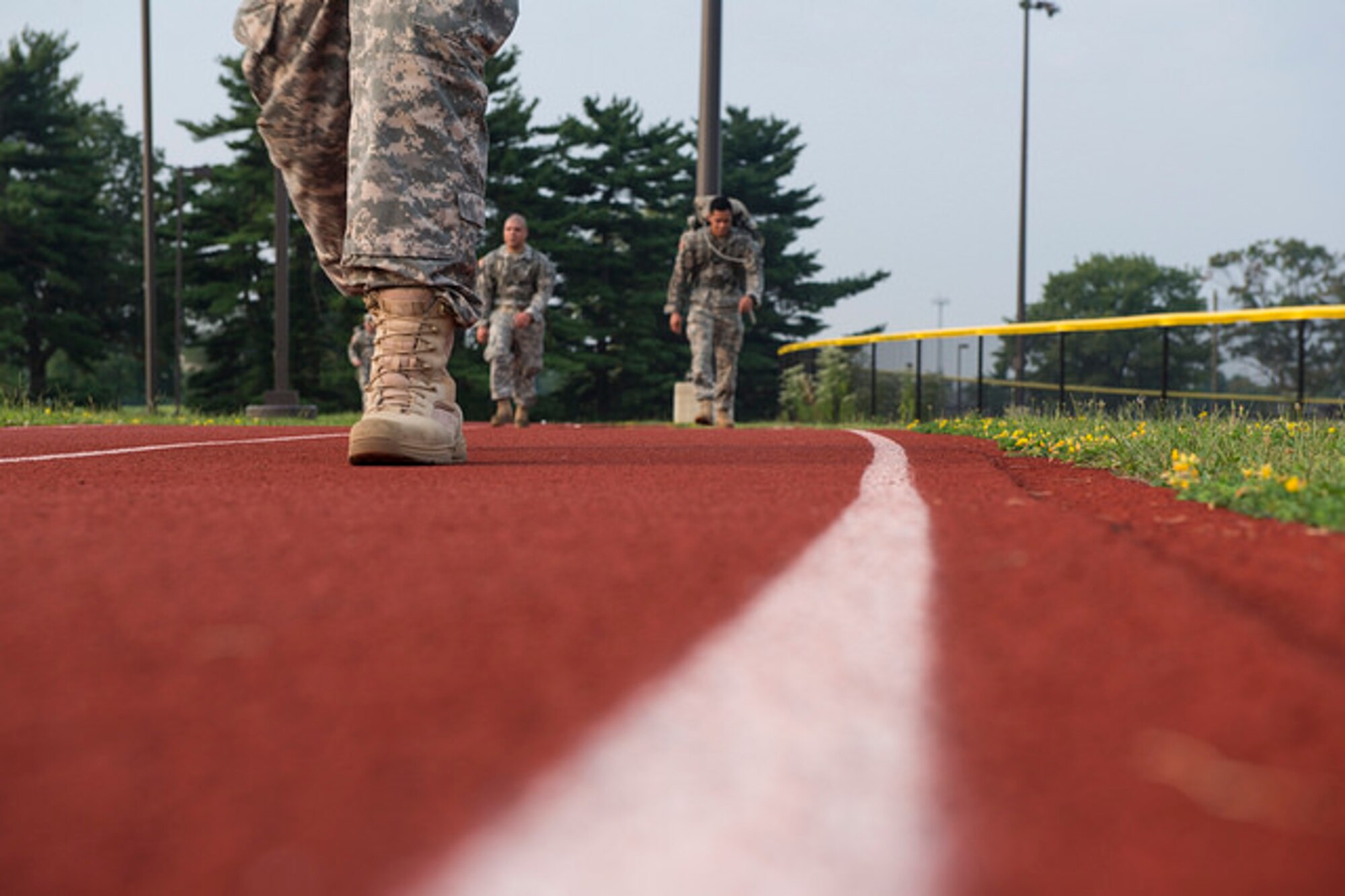 Soldiers from the 1st Battalion, 391st Regiment march 7.5 miles as part of a German Armed Forces Qualification Badge assessment on Joint Base McGuire-Dix-Lakehurst, N.J. Sept. 3, 2015. Sixteen Soldiers attempted to earn the badge and 10 passed the course. (U.S. Air Force photo by Airman 1st Class Joshua King)
