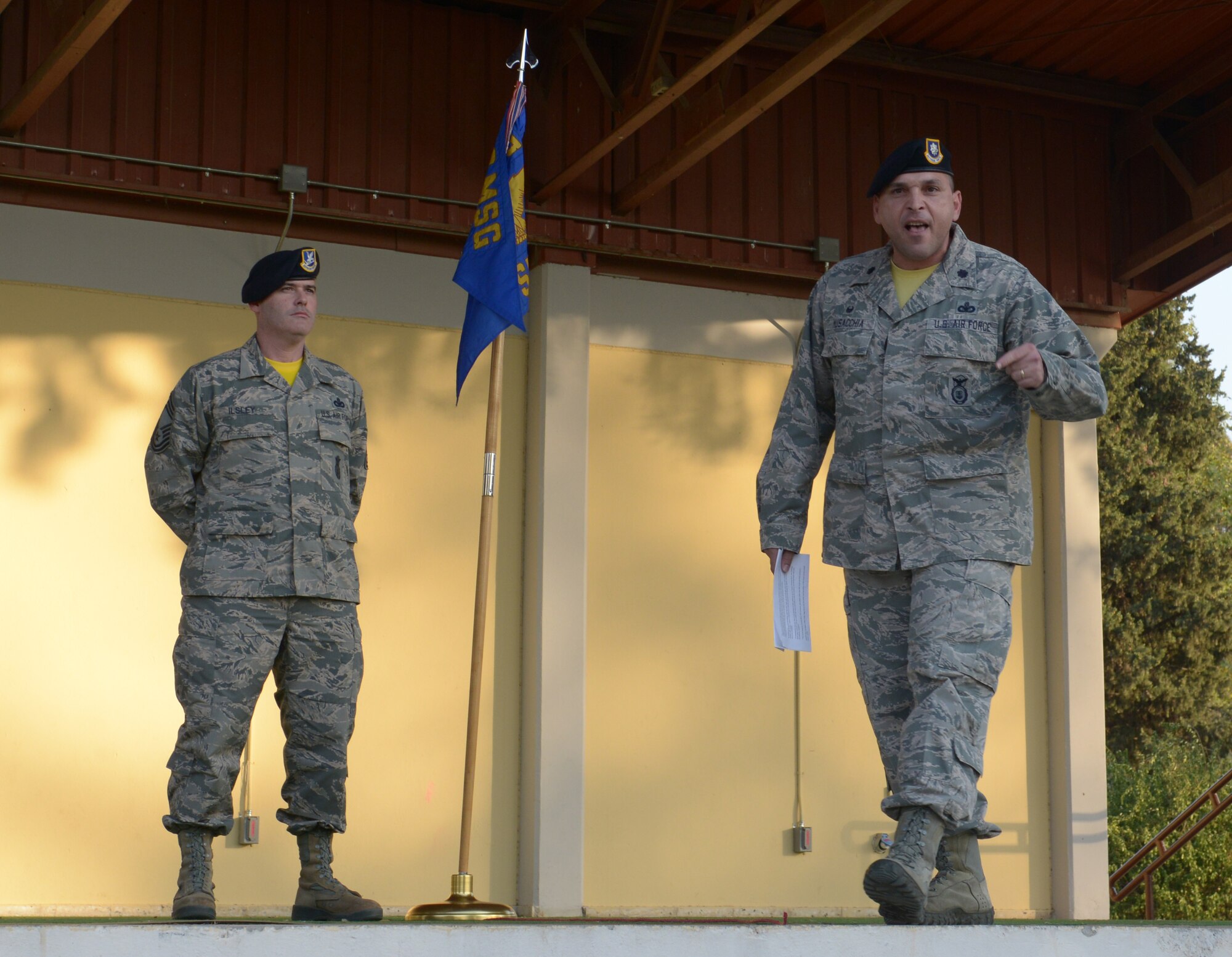 Lt. Col. Joseph Musacchia, 39th Security Forces Squadron commander, delivers a speech during a Bridge Ceremony Aug. 28, 2015, at Incirlik Air Base, Turkey. The ceremony was a call back to military heritage as it resembled promotion ceremonies from the U.S.’s earliest militia. (U.S. Air Force photo by Senior Airman Krystal Ardrey/Released)