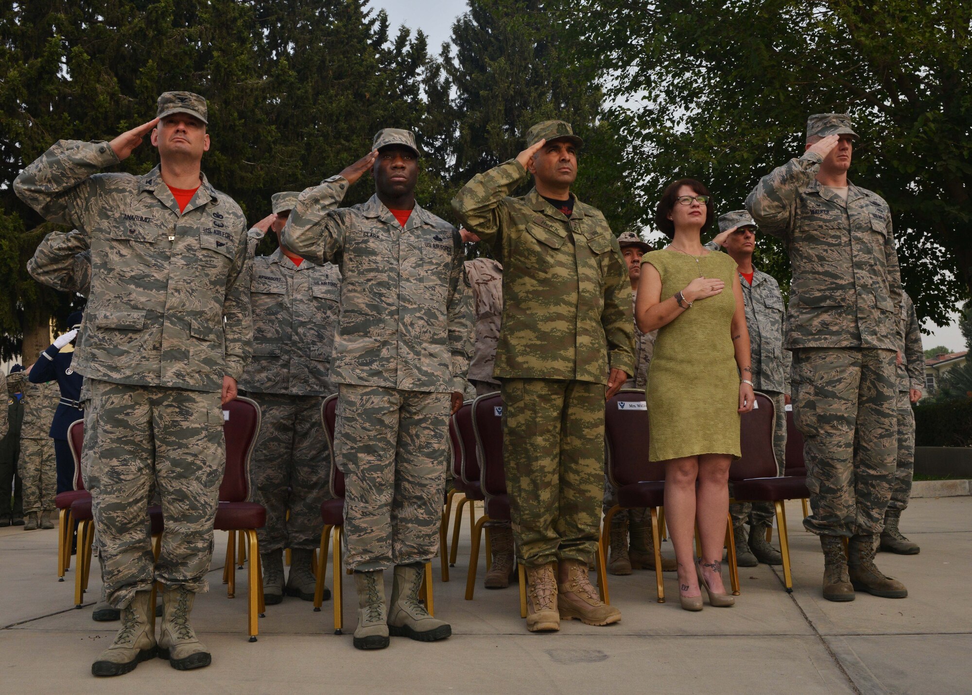 Leadership from the 39th Air Base Wing, 10th Tanker Base Command and the Spanish Patriot Unit participate in a 9/11 Remembrance Ceremony Sept. 11, 2015, at Incirlik Air Base, Turkey. Approximately 200 members of Team Incirlik attended the ceremony to honor and remember the victims of the 9/11 attacks, the event included an invocation, benediction and speech from Col. John Walker, 39th ABW commander. (U.S. Air Force photo by Senior Airman Michael Battles/Released)