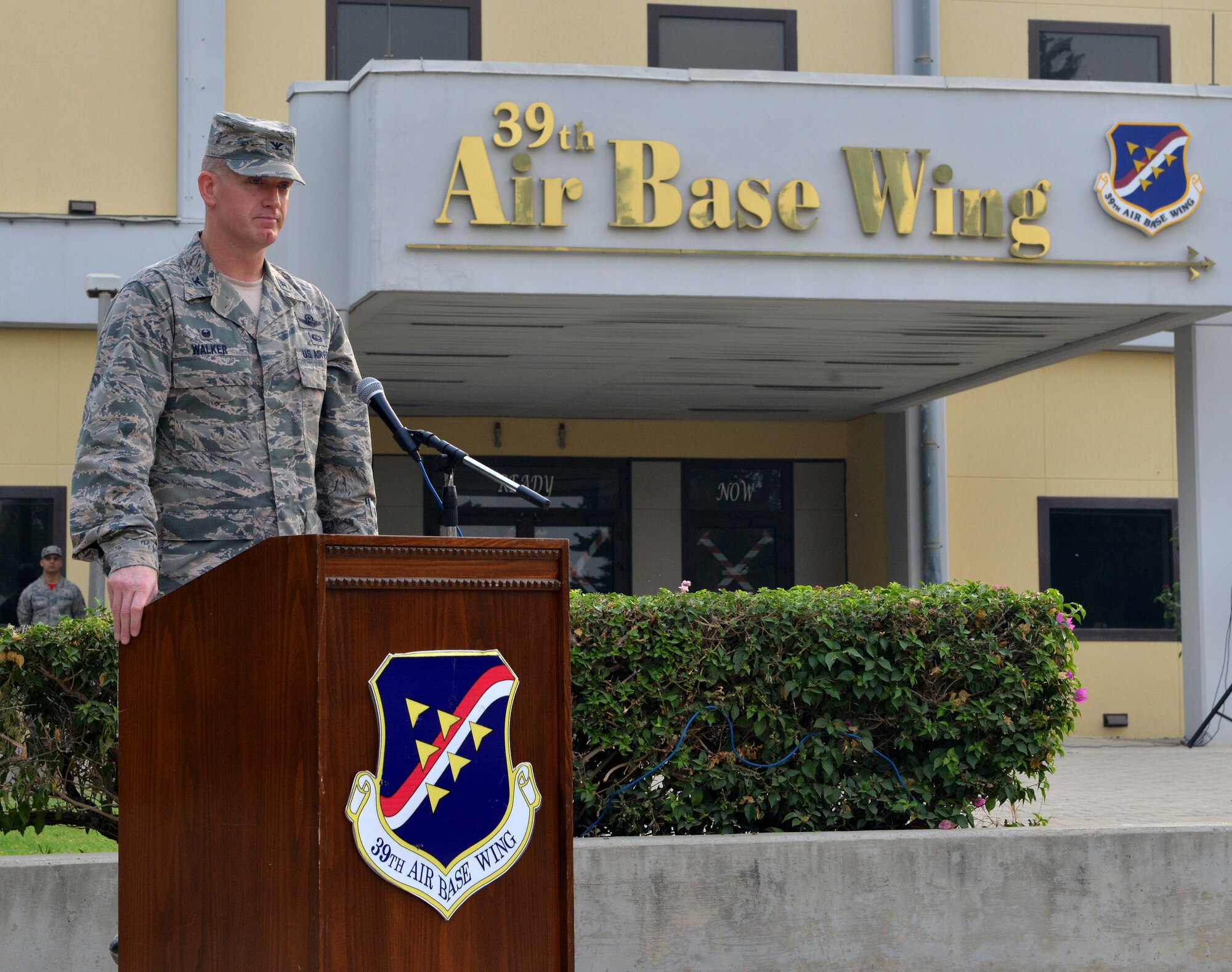 Col. John Walker, 39th Air Base Wing commander, speaks during a 9/11 Remembrance Ceremony Sept. 11, 2015, at Incirlik Air Base, Turkey. Along with Walker’s speech, the event also included an invocation and a benediction. (U.S. Air Force photo by Senior Airman Michael Battles)