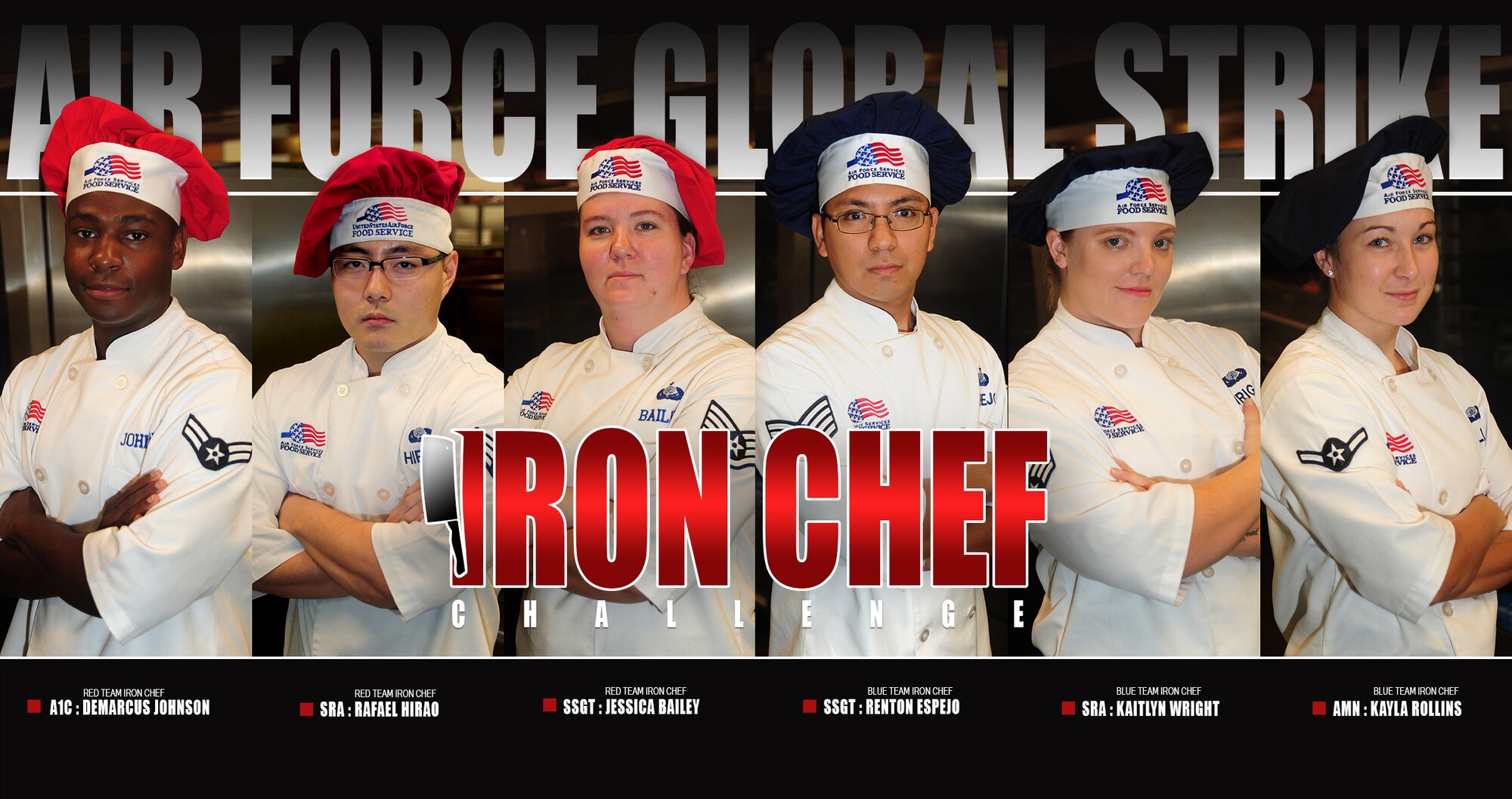 Members of the 509th Force Support Squadron pose for a photo prior to the Global Strike Iron Chef Challenge at Whiteman Air Force Base, Mo., Sept. 4, 2015. Two teams faced off in an hour-long cooking challenge for a chance to advance to the major command level at Barksdale AFB, La. 
(U.S. Air Force photo illustration by Airman 1st Class Jovan Banks/Released)
