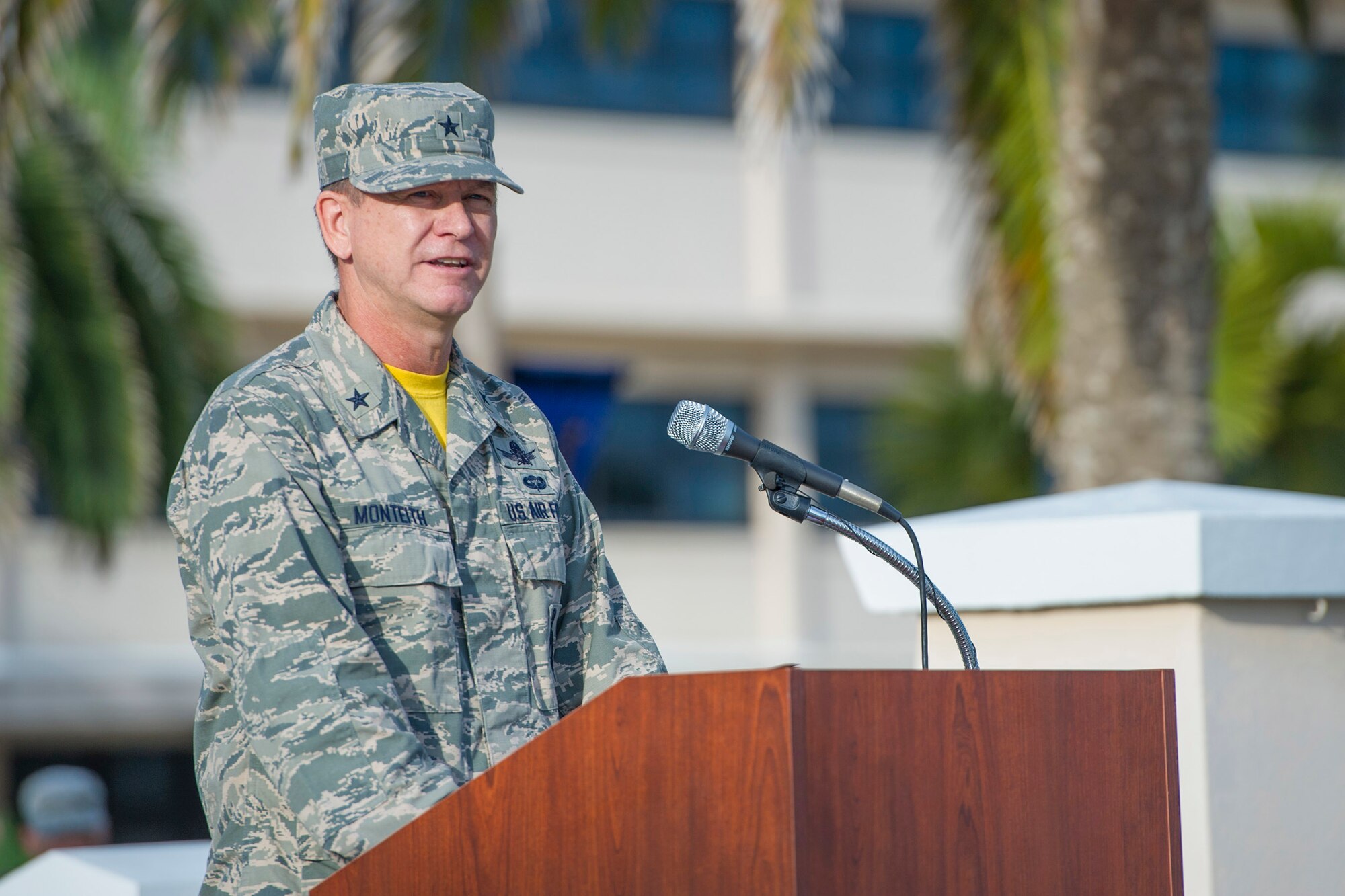 Brig. Gen. Wayne Monteith, 45th Space Wing commander, addresses Team Patrick-Cape during a 9/11/01 remembrance ceremony at Patrick Air Force Base, Fla. Members gathered at the base flag pole to honor those who lost their lives 14 years ago.  (U.S. Air Force photos/Matthew Jurgens) (Released) 