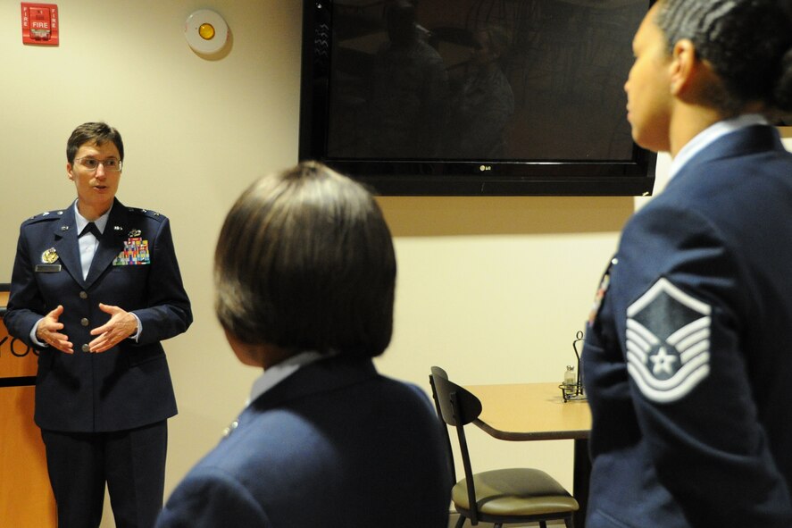 Maj. Gen. Theresa Carter, Air Force Installation and Mission Support Center commander speaks to AFIMSC Det. 5 personnel before the change-of-command ceremony on Joint Base Andrews, Md., Sept. 11. AFIMSC delivers globally integrated combat support and shapes the foundation of America's Air, Space, and Cyberspace power. (U.S. Air Force photo/Staff Sgt. Matt Davis)