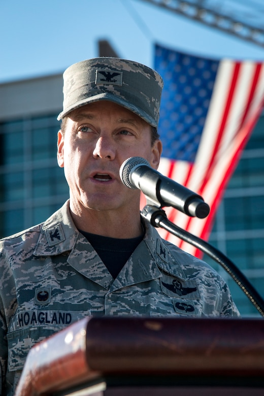 Col. Bradley Hoagland, 11th Wing/JBA commander, speaks during a Patriot's Day Reveille Ceremony at Heritage Park, Joint Base Andrews, Md., Sept. 11, 2015. The ceremony paid tribute to the first responders and victims of the terrorist attacks on Sept. 11, 2001. (U.S. Air Force photo by Airman 1st Class Philip Bryant/released) 