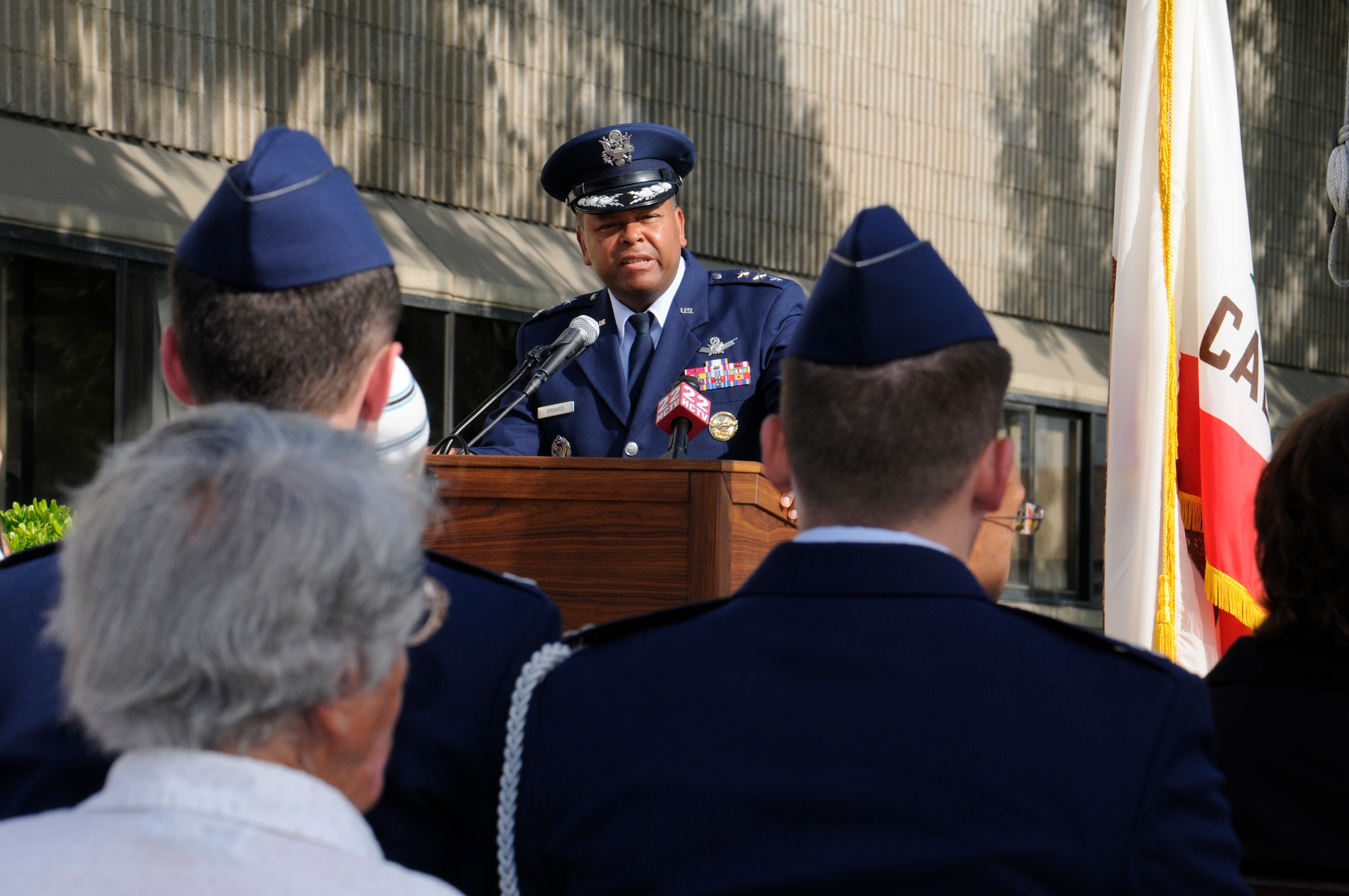 Lieutenant General Samuel Greaves, SMC commander, speaks at the City of Hawthorne’s annual 9-11 observance, Sept. 11.  (Photo by Joe Juarez)