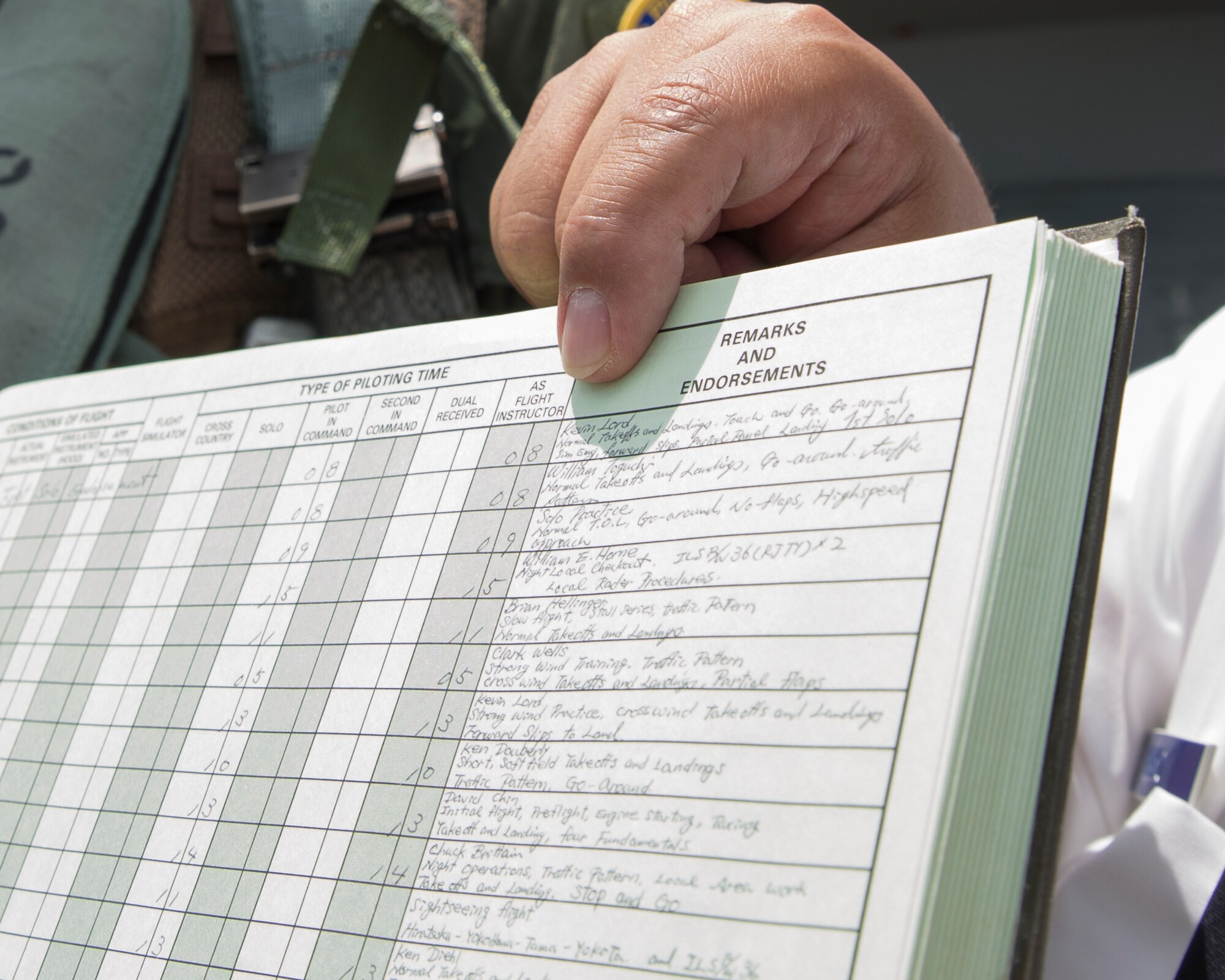 Keita Nanko, 374th Operations Support Squadron air traffic specialist and original flight training instructor to Lt. Col. Kevin Lord, 35th Fighter Wing inspector general, points out the pilots name in a historical flight plan book at Yokota Air Base, Japan, July 24, 2015. Lord grew up at Yokota and earned his personal pilots license here as a 17-year old boy; Nanko was his instructor. (U.S. Air Force photo by Osakabe Yasuo/Released)