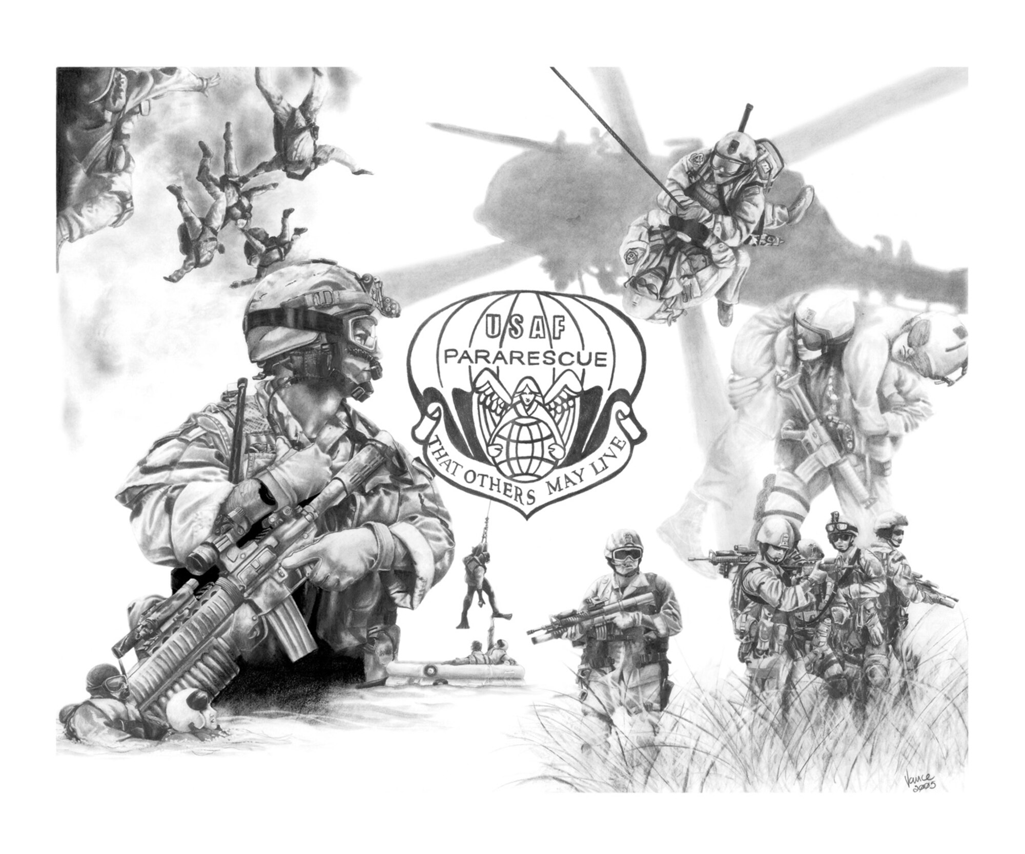 Pararescue master through chief master sergeant critical skills retention bonus approved. (Pararescue illustration by Cody Vance)