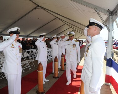 A U.S. Navy detail renders honors to Adm. Cecil D. Haney, U.S. Strategic Command commander, during the Task Force 144/Submarine Force, U.S. Atlantic Fleet change of command ceremony, Norfolk, Va., Sept. 11, 2015. Haney presided over the ceremony, during which Vice Adm. Michael Connor relinquished command to Vice Adm. Joseph Tofalo. TF 144 supports USSTRATCOM's strategic deterrence mission using U.S. Navy ballistic missile submarines (SSBNs) based at Kings Bay, Ga., with headquarters at Naval Base Norfolk, Va. The most survivable leg of the nation's strategic forces, SSBNs provide launch capability from around the globe using the Trident missile weapon system. USSTRATCOM, one of nine DoD unified combatant commands, is charged with strategic deterrence; space operations; cyberspace operations; joint electronic warfare; global strike; missile defense; intelligence, surveillance and reconnaissance; combating weapons of mass destruction; and analysis and targeting. (U.S. Navy photo by Chief Mass Communication Specialist (SW/AW) Monique Meeks)