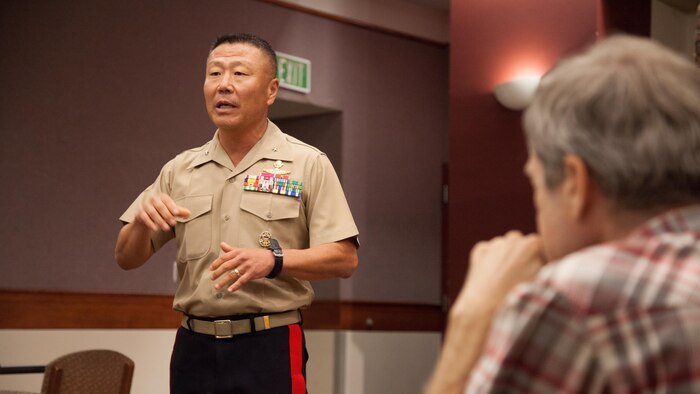 Brig. Gen. Daniel Yoo, the commanding general of 1st Marine Division, speaks during the Marine Corps Leadership Seminar at Arizona State University at Tempe, Arizona, Sept. 11, 2015. The seminar was an event supporting Marine Week Phoenix, which aims to connect the Corps with the people of Arizona.