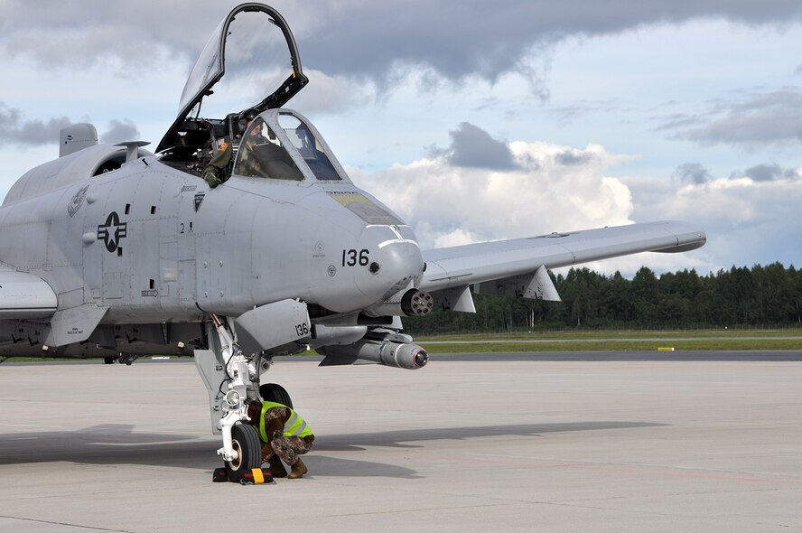Capt. Nathan Bevin, an A-10 Thunderbolt II pilot with the 303d Fighter Squadron, 442d Fighter Wing out of Whiteman Air Force Base, Mo., lands at Lielvarde Air Field in Latvia Sept. 8 for the Distinguished Visitor Day event.  The 442d is supporting Operation Atlantic Resolve in the region. (U.S. Air Force photo by Capt. Denise Haeussler)