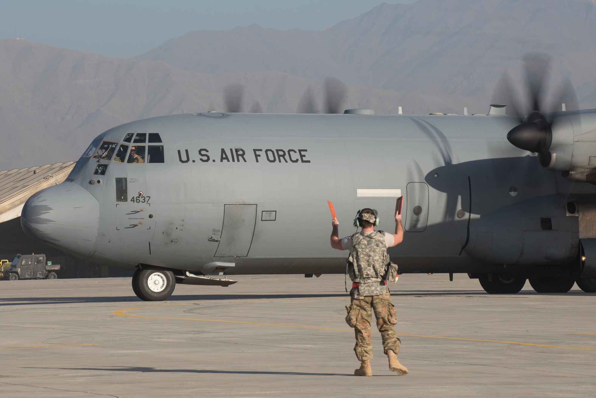 A U.S. Air Force C-130J Super Hercules aircraft assigned to the 774th Expeditionary Airlift Squadron taxis before taking off from Bagram Airfield, Afghanistan, Sept. 12, 2015. The aircraft and the rest of the squadron were in the process of redeploying back to Little Rock Air Force Base after successfully completing their deployment. During their rotation as the 774th Expeditionary Airlift Squadron, the Little Rock team completed 1,850 combat sorties and moved 14,500 passengers and 17 million pounds of cargo.  (U.S. Air Force photo by Tech. Sgt. Joseph Swafford/Released)