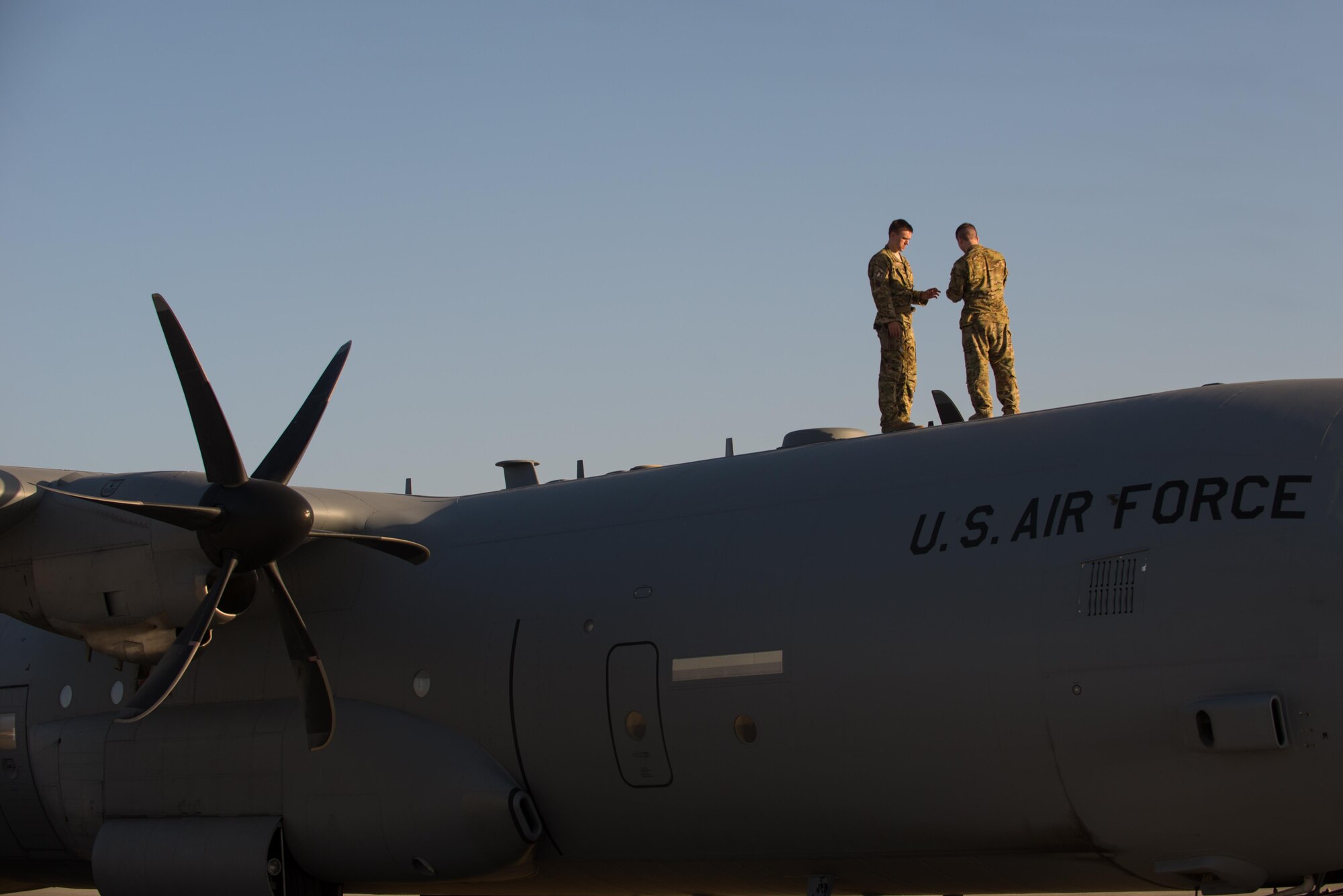 U.S. Airmen assigned to the 774th Expeditionary Airlift Squadron complete preflight inspections on a C-130J Super Hercules aircraft at Bagram Airfield, Afghanistan, Sept. 12, 2015. The Airmen and the rest of their squadron were in the process of redeploying back to Little Rock Air Force Base after successfully completing their deployment. During their rotation as the 774th Expeditionary Airlift Squadron, the Little Rock team completed 1,850 combat sorties and moved 14,500 passengers and 17 million pounds of cargo.  (U.S. Air Force photo by Tech. Sgt. Joseph Swafford/Released)