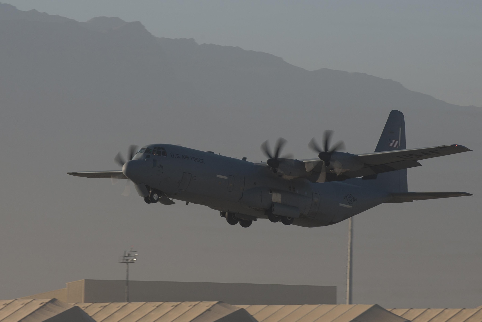 A U.S. Air Force C-130J Super Hercules aircraft assigned to the 774th Expeditionary Airlift Squadron takes off from Bagram Airfield, Afghanistan, Sept. 12, 2015. The aircraft and the rest of the squadron were in the process of redeploying back to Little Rock Air Force Base after successfully completing their deployment. During their rotation as the 774th Expeditionary Airlift Squadron, the Little Rock team completed 1,850 combat sorties and moved 14,500 passengers and 17 million pounds of cargo.  (U.S. Air Force photo by Tech. Sgt. Joseph Swafford/Released)