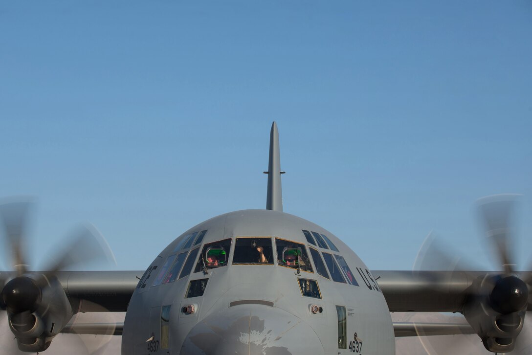 A U.S. Air Force C-130J Super Hercules aircraft assigned to the 774th Expeditionary Airlift Squadron taxis before taking off from Bagram Airfield, Afghanistan, Sept. 12, 2015. The aircraft and the rest of the squadron were in the process of redeploying back to Little Rock Air Force Base after successfully completing their deployment. During their rotation as the 774th Expeditionary Airlift Squadron, the Little Rock team completed 1,850 combat sorties and moved 14,500 passengers and 17 million pounds of cargo.  (U.S. Air Force photo by Tech. Sgt. Joseph Swafford/Released)